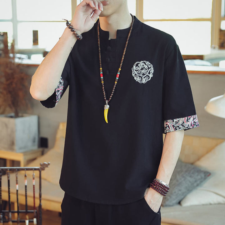 Buddha Stones Frog-Button Dragon Embroidery Chinese Tang Suit Short Sleeve Shirt Linen Men Clothing