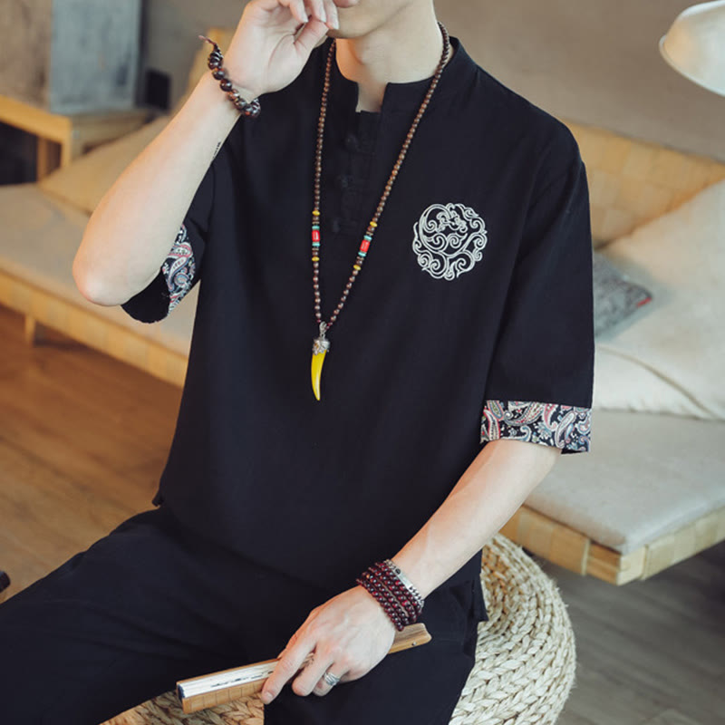 Buddha Stones Frog-Button Dragon Embroidery Chinese Tang Suit Short Sleeve Shirt Men Clothing - image 32