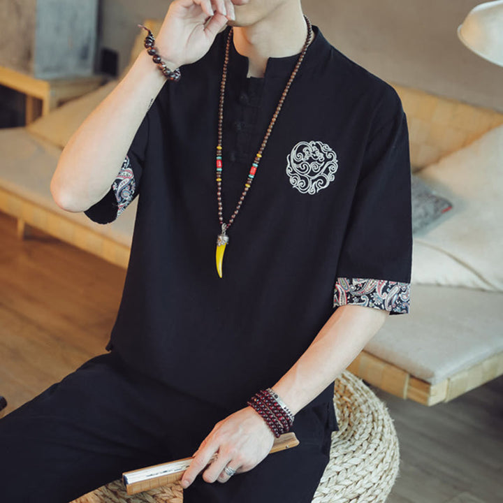 Buddha Stones Frog-Button Dragon Embroidery Chinese Tang Suit Short Sleeve Shirt Men Clothing - image 32