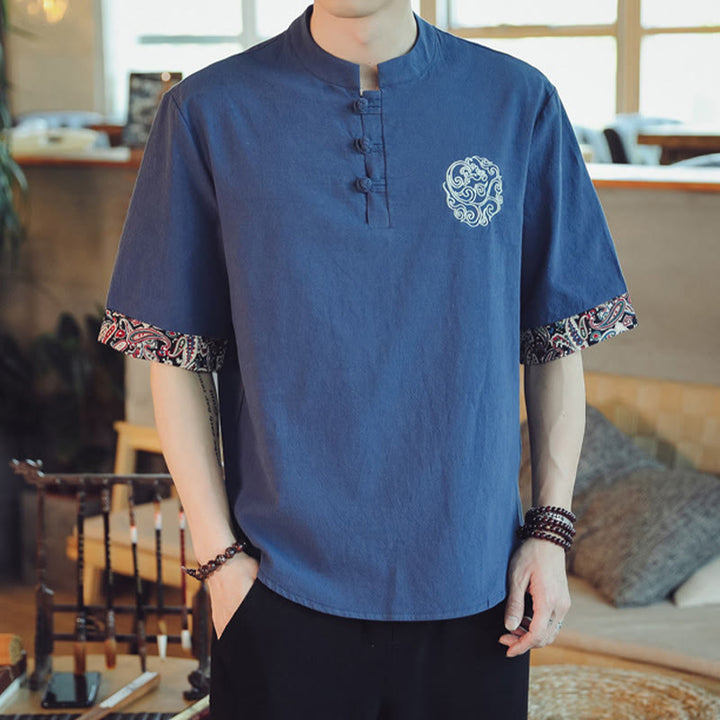 Buddha Stones Frog-Button Dragon Embroidery Chinese Tang Suit Short Sleeve Shirt Linen Men Clothing