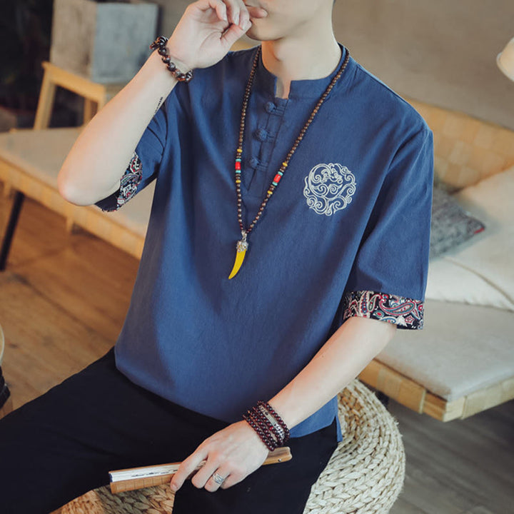 Buddha Stones Frog-Button Dragon Embroidery Chinese Tang Suit Short Sleeve Shirt Men Clothing - image 40