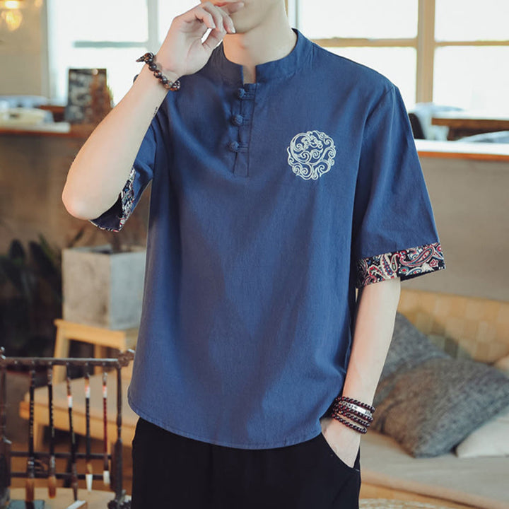 Buddha Stones Frog-Button Dragon Embroidery Chinese Tang Suit Short Sleeve Shirt Men Clothing - image 36