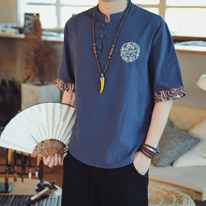 Buddha Stones Frog-Button Dragon Embroidery Chinese Tang Suit Short Sleeve Shirt Linen Men Clothing - image 38