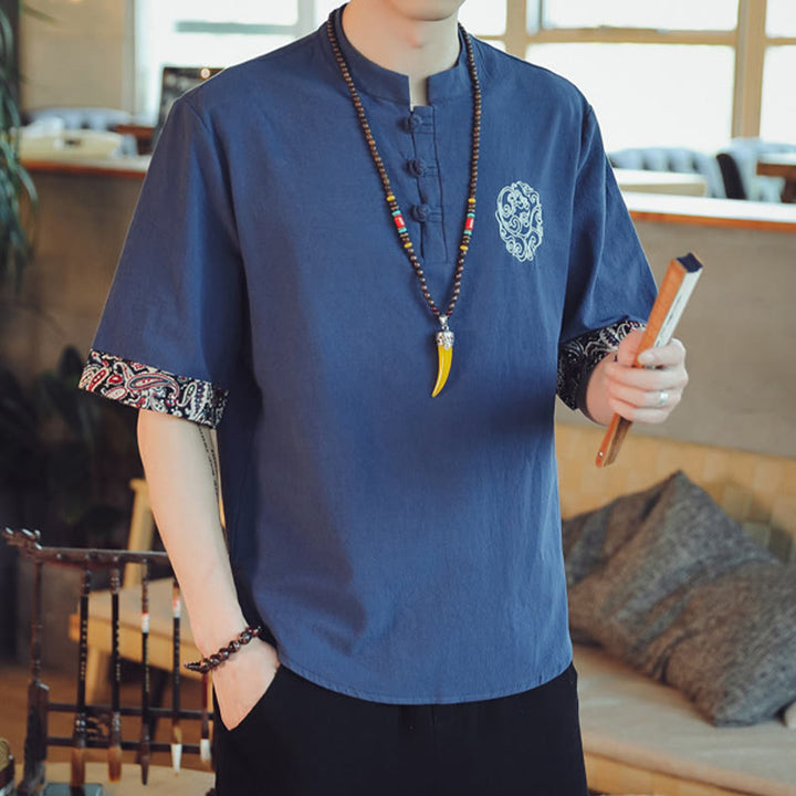 Buddha Stones Frog-Button Dragon Embroidery Chinese Tang Suit Short Sleeve Shirt Men Clothing - image 37