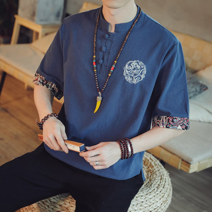 Buddha Stones Frog-Button Dragon Embroidery Chinese Tang Suit Short Sleeve Shirt Men Clothing - image 39