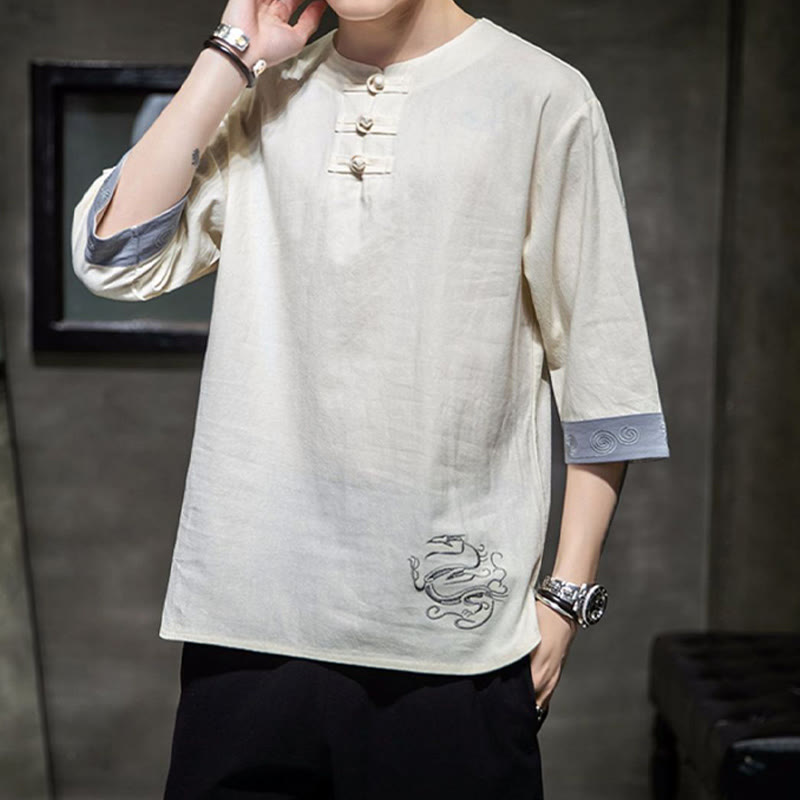 Buddha Stones Frog-Button Dragon Embroidery Chinese Tang Suit Three Quarter Sleeve Shirt Cotton Linen Men Clothing - image 10