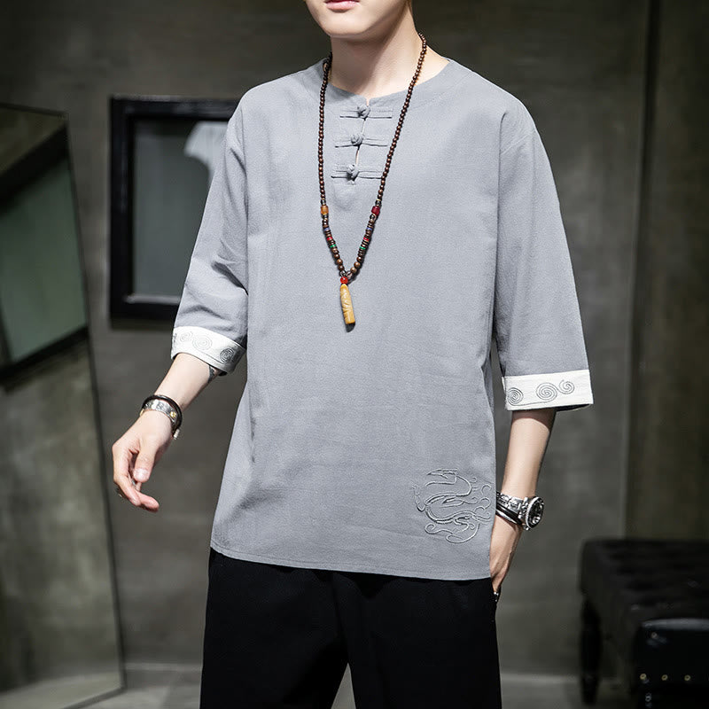 Buddha Stones Frog-Button Dragon Embroidery Chinese Tang Suit Three Quarter Sleeve Shirt Cotton Linen Men Clothing - image 18