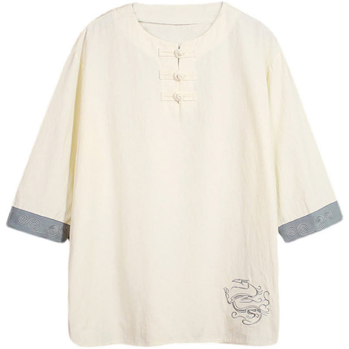 Buddha Stones Frog-Button Dragon Embroidery Chinese Tang Suit Three Quarter Sleeve Shirt Cotton Linen Men Clothing