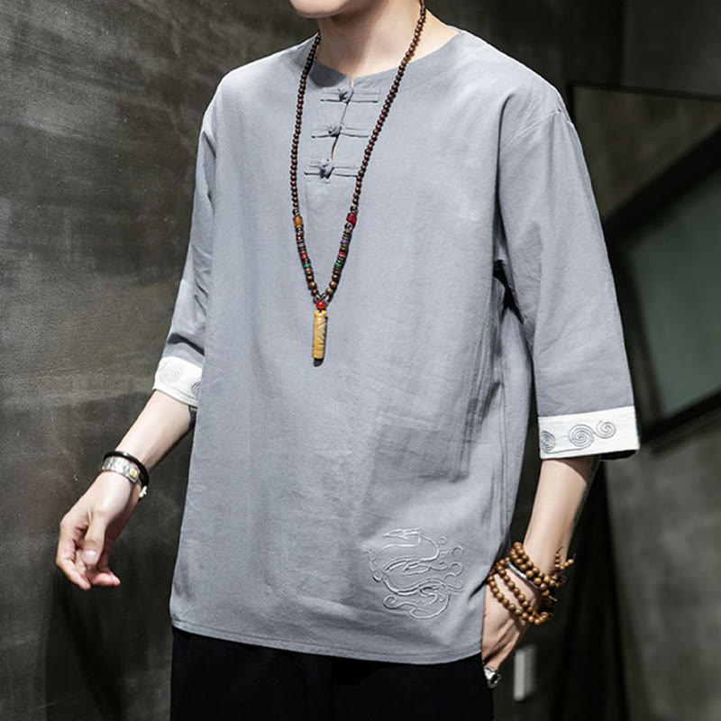 Buddha Stones Frog-Button Dragon Embroidery Chinese Tang Suit Three Quarter Sleeve Shirt Cotton Linen Men Clothing - image 17