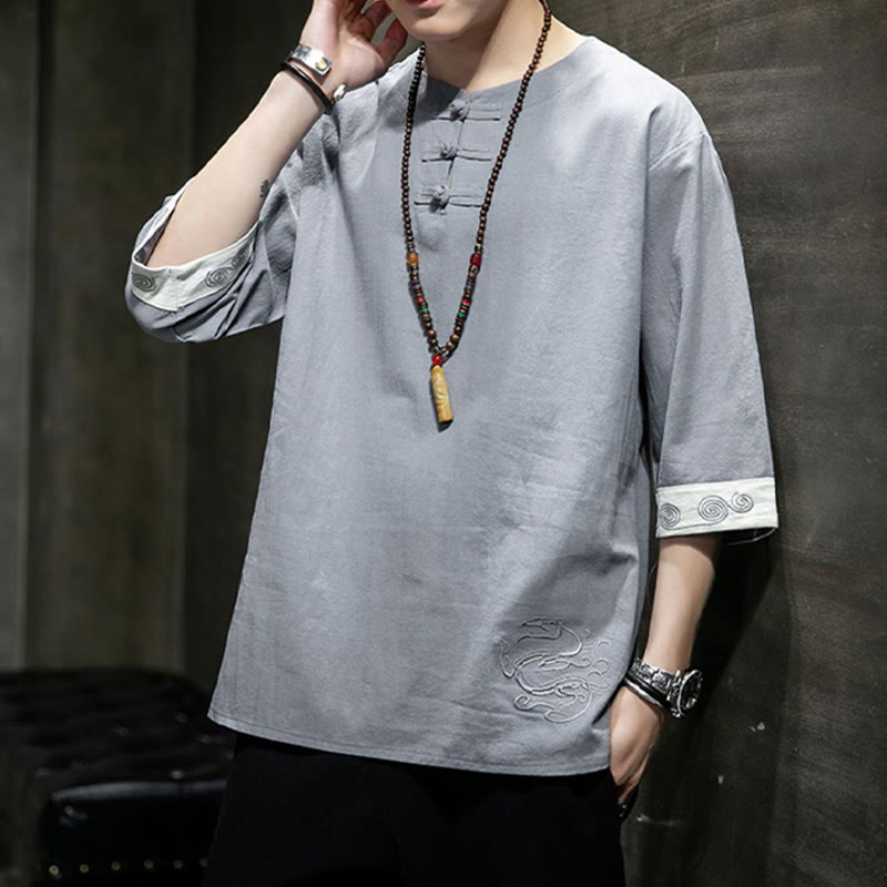 Buddha Stones Frog-Button Dragon Embroidery Chinese Tang Suit Three Quarter Sleeve Shirt Cotton Linen Men Clothing - image 19