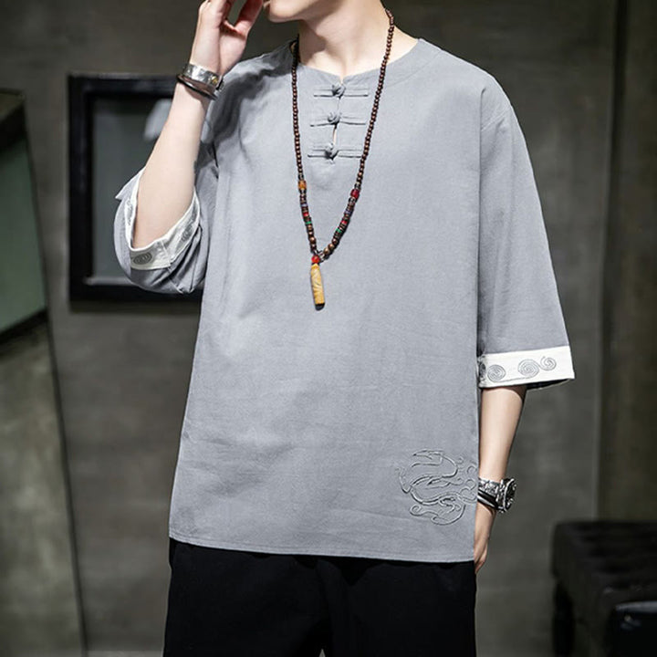 Buddha Stones Frog-Button Dragon Embroidery Chinese Tang Suit Three Quarter Sleeve Shirt Cotton Linen Men Clothing - image 15