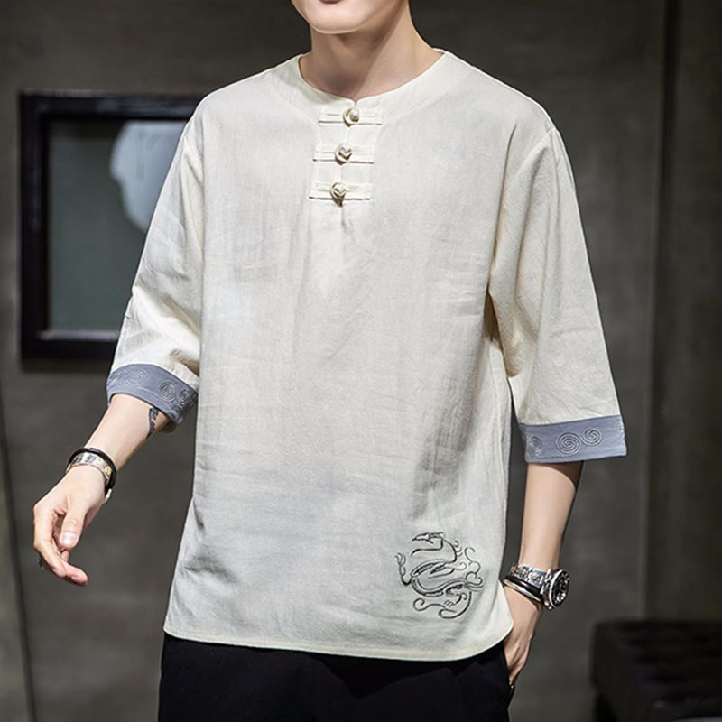 Buddha Stones Frog-Button Dragon Embroidery Chinese Tang Suit Three Quarter Sleeve Shirt Cotton Linen Men Clothing - image 7