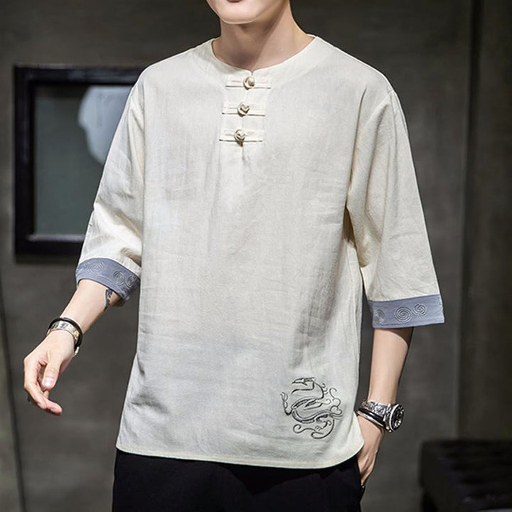 Buddha Stones Frog-Button Dragon Embroidery Chinese Tang Suit Three Quarter Sleeve Shirt Cotton Linen Men Clothing - image 7