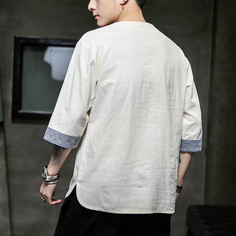 Buddha Stones Frog-Button Dragon Embroidery Chinese Tang Suit Three Quarter Sleeve Shirt Cotton Linen Men Clothing - image 2