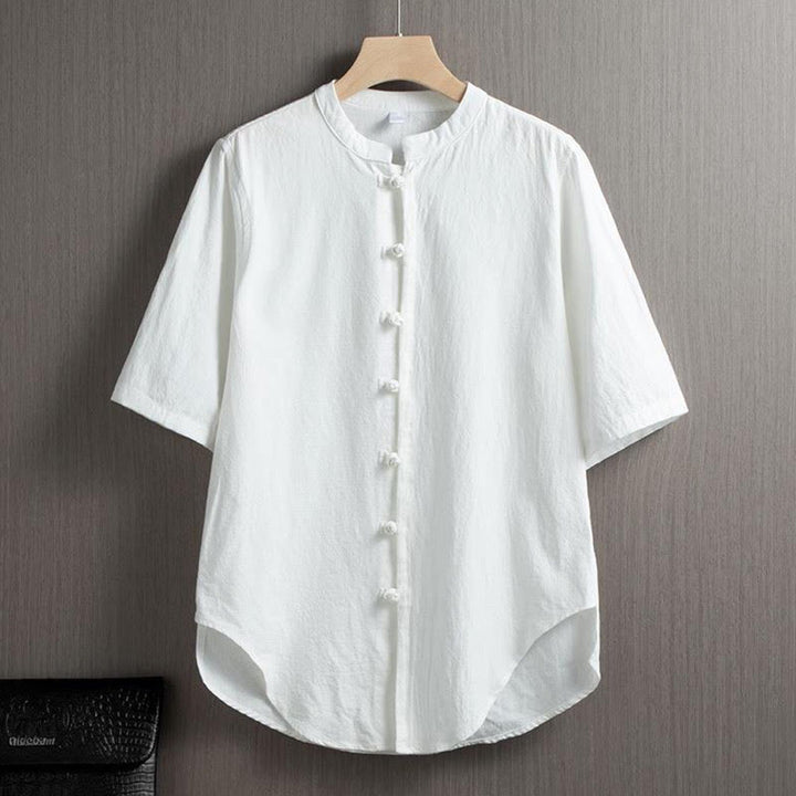 Buddha Stones Frog-Button Plain Chinese Tang Suit Short Sleeve Shirt Cotton Linen Men Clothing - White - US/UK/AU46，EU56 (5XL) - image 0