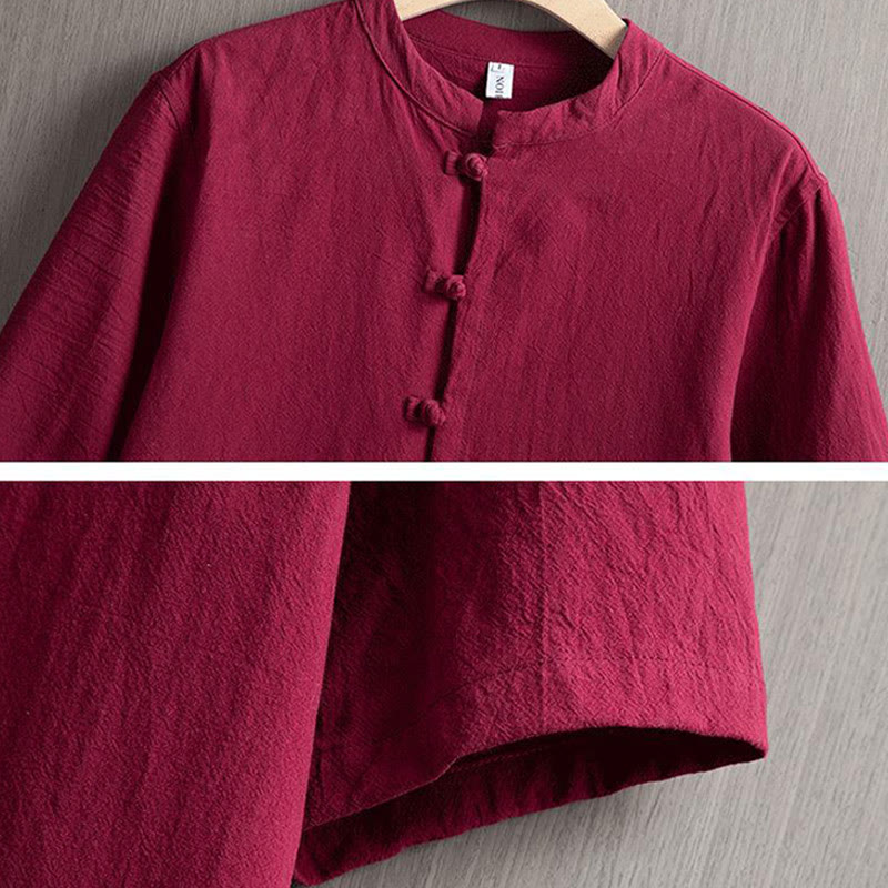 Buddha Stones Frog-Button Plain Chinese Tang Suit Short Sleeve Shirt Cotton Linen Men Clothing - image 3