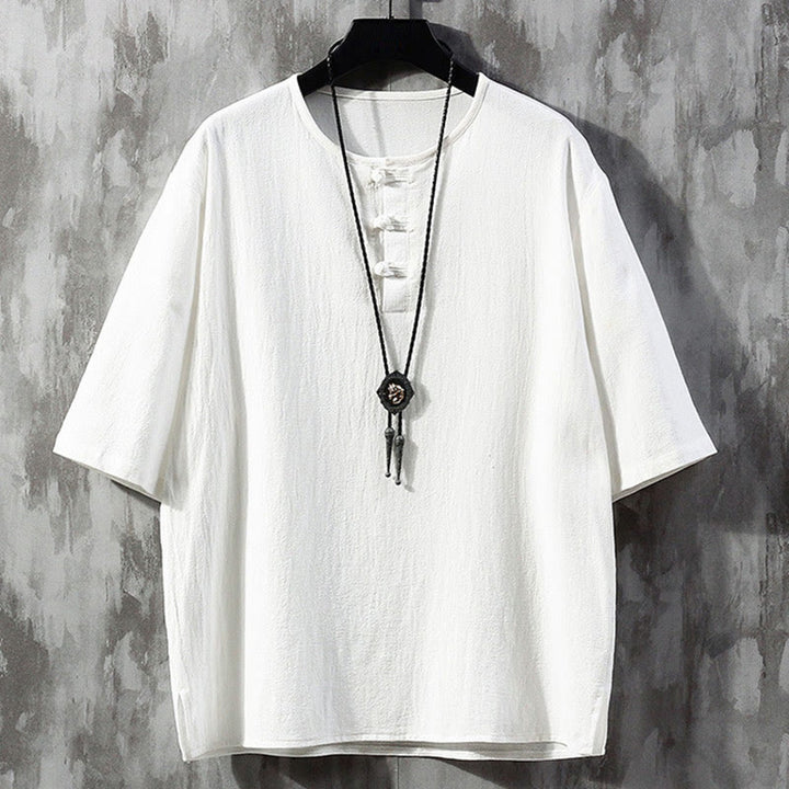 Buddha Stones Frog-Button Plain Color Chinese Tang Suit Half Sleeve Shirt Men Clothing - White - US/UK/AU46，EU56 (5XL)  - image 1