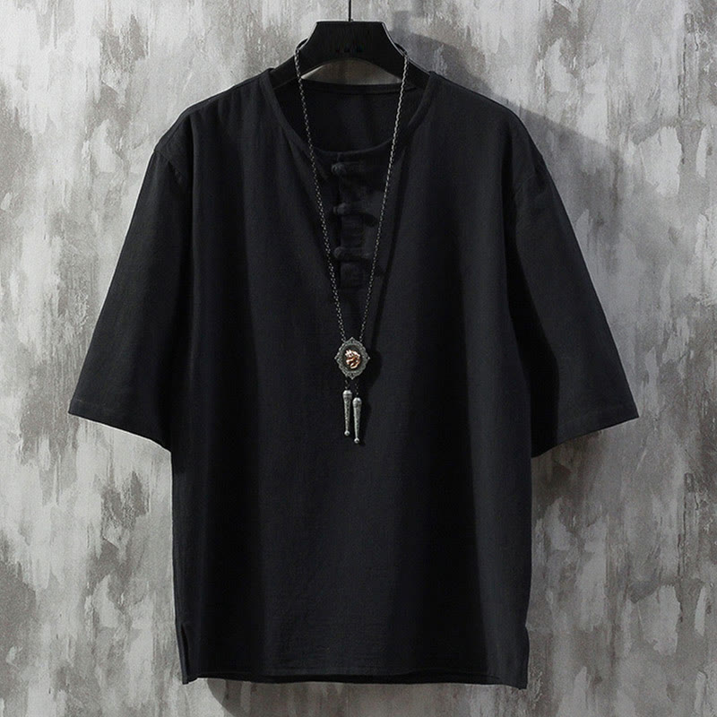 Buddha Stones Frog-Button Plain Color Chinese Tang Suit Half Sleeve Shirt Men Clothing - Black - US/UK/AU46，EU56 (5XL)  - image 4
