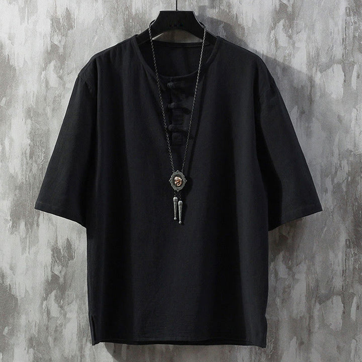 Buddha Stones Frog-Button Plain Color Chinese Tang Suit Half Sleeve Shirt Men Clothing - Black - US/UK/AU46，EU56 (5XL)  - image 4