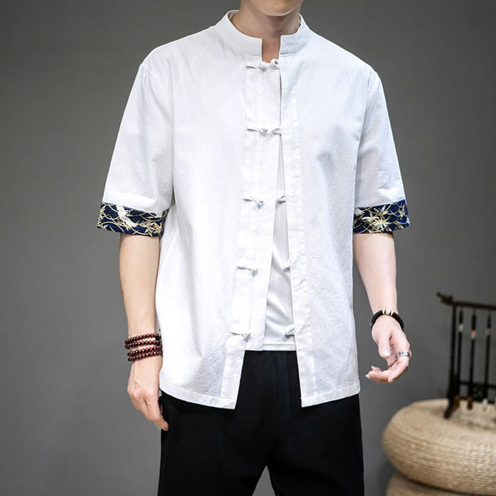 Buddha Stones Frog-Button Chinese Tang Suit Half Sleeve Crane Shirt Jacket Linen Men Clothing