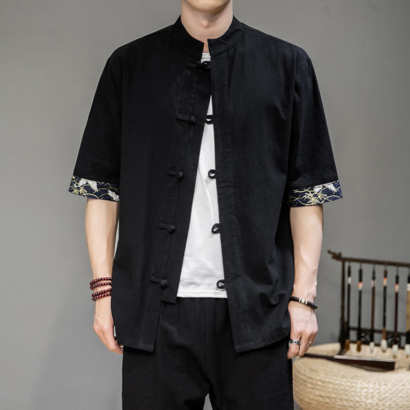 Buddha Stones Frog-Button Chinese Tang Suit Half Sleeve Crane Shirt Jacket Linen Men Clothing