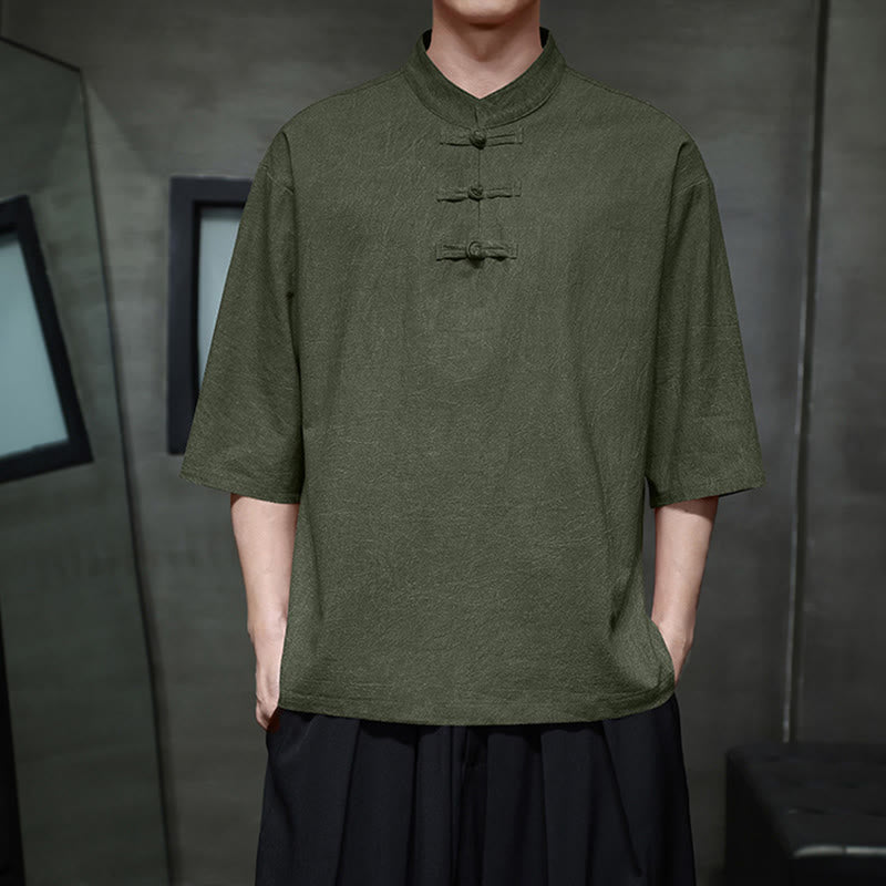 Buddha Stones Men's Chinese Frog-Button Tang Suit Half Sleeve Cotton Linen Shirt - DarkOliveGreen - US/UK/AU46，EU56 (5XL)  - image 0