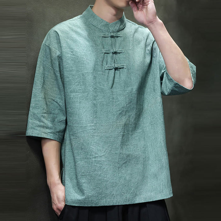 Buddha Stones Men's Chinese Frog-Button Tang Suit Half Sleeve Cotton Linen Shirt - image 8