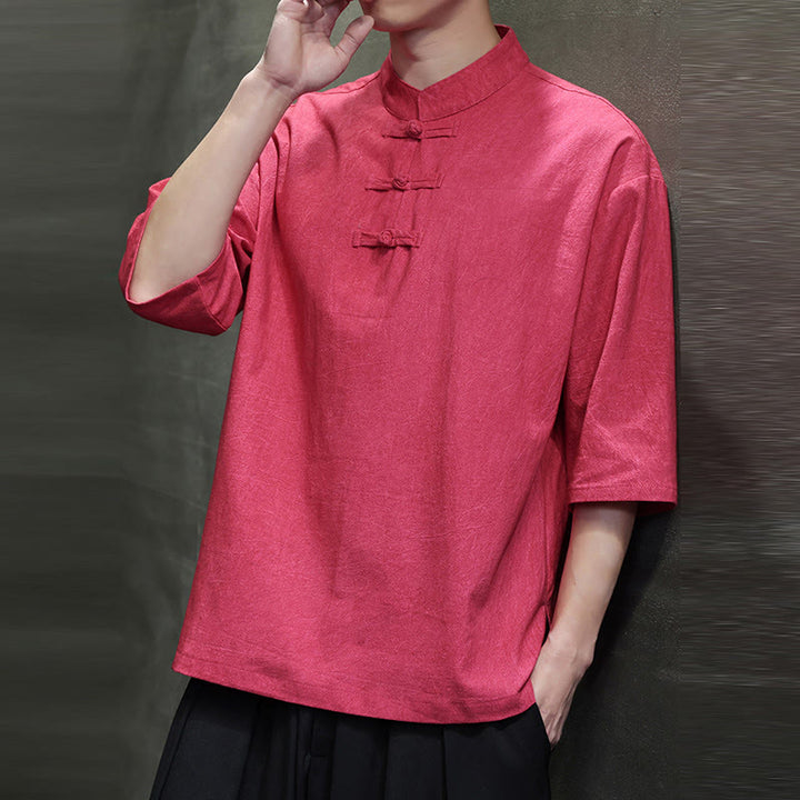 Buddha Stones Men's Chinese Frog-Button Tang Suit Half Sleeve Cotton Linen Shirt - image 15