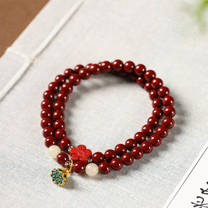 Buddha Stones Cinnabar Lotus Charm Double Wrap Blessing Bracelet