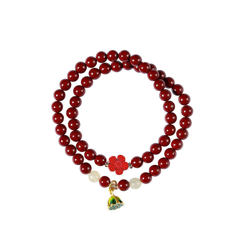 Buddha Stones Cinnabar Lotus Charm Double Wrap Blessing Bracelet