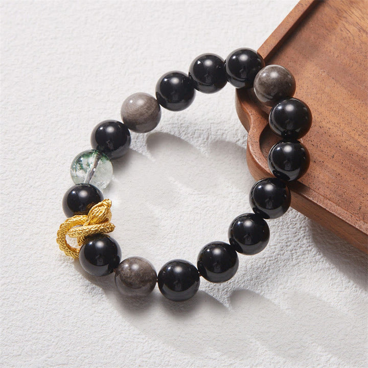 Buddha Stones Natural Silver Sheen Obsidian Dragon Green Phantom Protection Bracelet