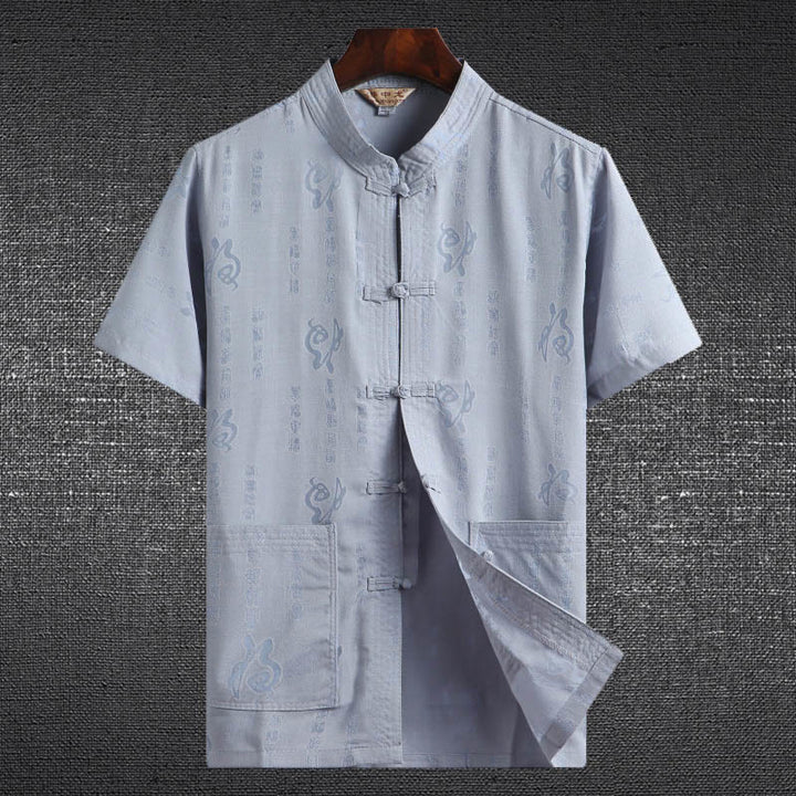 Buddha Stones Frog-Button Fu Character Dragon Bamboo Leaf Chinese Tang Suit Short Sleeve Shirt Linen With Pockets - LightBlue - Fu Character - US/UK/AU46，EU56 (4XL)  - image 2