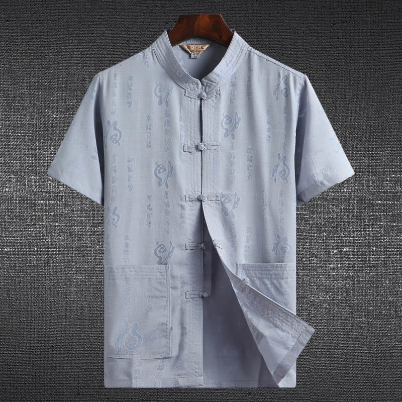 Buddha Stones Frog-Button Fu Character Dragon Bamboo Leaf Chinese Tang Suit Short Sleeve Shirt Linen With Pockets - LightBlue - Fu Character - US/UK/AU46，EU56 (4XL)  - image 2