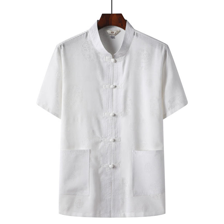 Buddha Stones Frog-Button Fu Character Dragon Bamboo Leaf Chinese Tang Suit Short Sleeve Shirt Linen With Pockets - White - Dragon - US/UK/AU46，EU56 (4XL)  - image 8