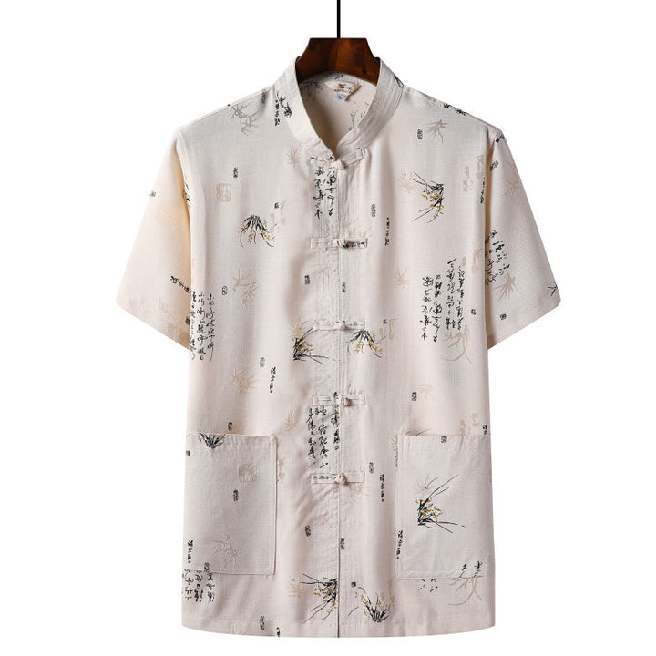 Buddha Stones Frog-Button Fu Character Dragon Bamboo Leaf Chinese Tang Suit Short Sleeve Shirt Linen With Pockets