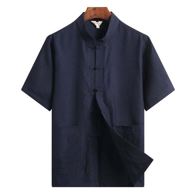 Buddha Stones Frog-Button Fu Character Dragon Bamboo Leaf Chinese Tang Suit Short Sleeve Shirt Linen With Pockets - SteelBlue - Solid Color - US/UK/AU46，EU56 (4XL)  - image 17