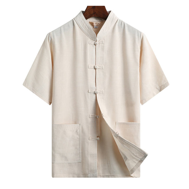 Buddha Stones Frog-Button Fu Character Dragon Bamboo Leaf Chinese Tang Suit Short Sleeve Shirt Linen With Pockets - LightYellow - Solid Color - US/UK/AU46，EU56 (4XL)  - image 14
