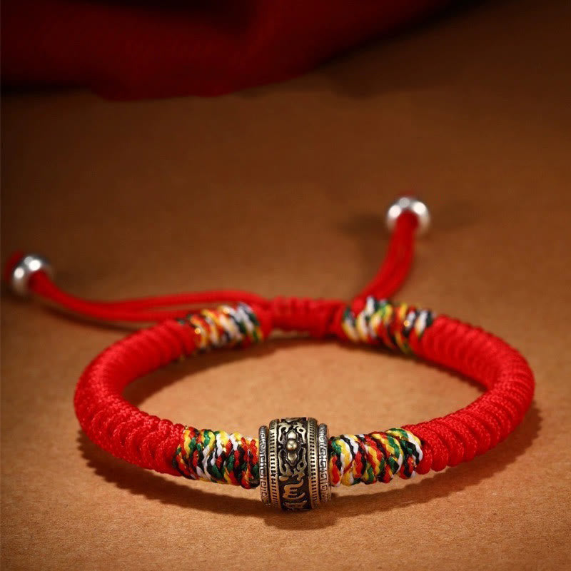 Buddha Stones 925 Sterling Silver Om Mani Padme Hum King Kong Knot Faith Bracelet - Red(Wrist Circumference: 14-21cm) - Om Mani Padme Hum - image 1