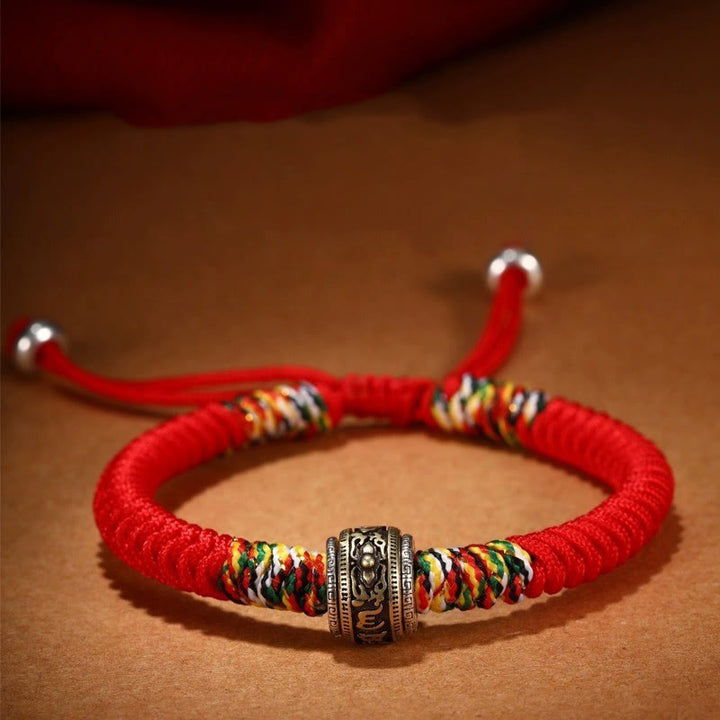 Buddha Stones 925 Sterling Silver Om Mani Padme Hum King Kong Knot Faith Bracelet - Red(Wrist Circumference: 14-21cm) - Om Mani Padme Hum - image 1