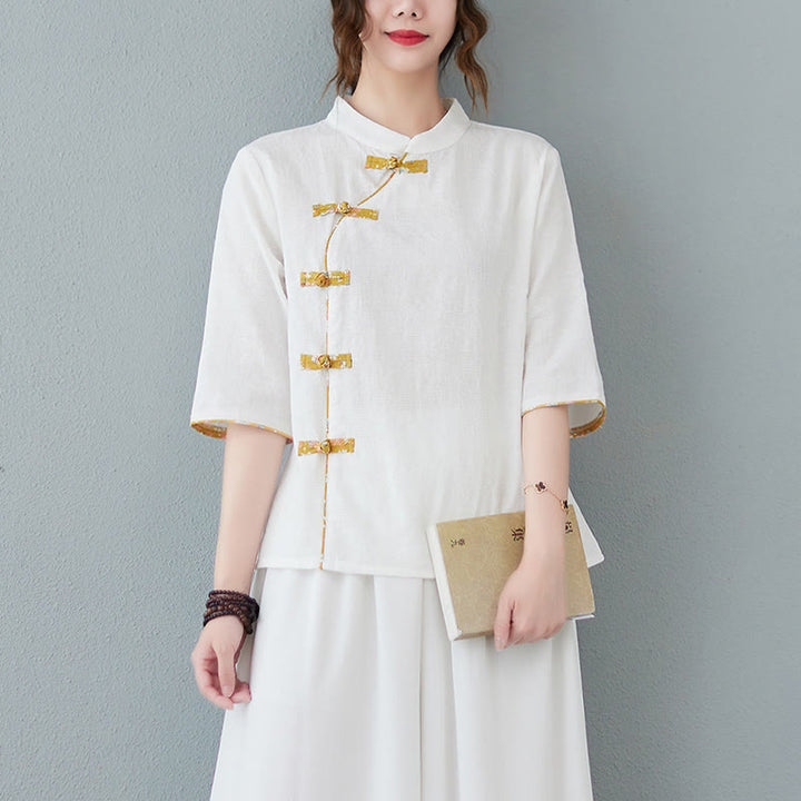 Buddha Stones Floral Pattern Frog-Button Half Sleeve Cotton Linen Shirt - White - 2XL(Fit for US8-10; UK/AU12-14; EU40-42) - image 3