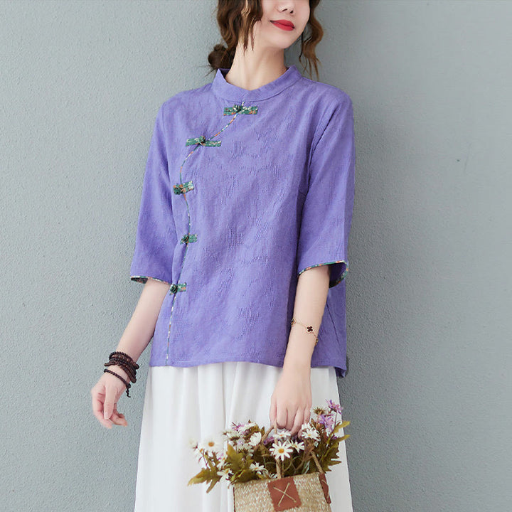 Buddha Stones Floral Pattern Frog-Button Half Sleeve Cotton Linen Shirt - MediumPurple - 2XL(Fit for US8-10; UK/AU12-14; EU40-42) - image 7