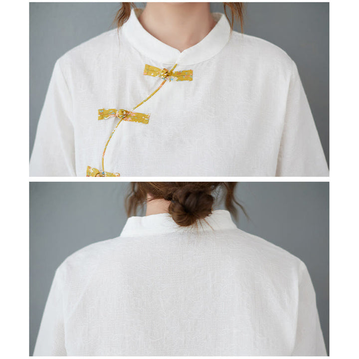 Buddha Stones Floral Pattern Frog-Button Half Sleeve Cotton Linen Shirt - image 4