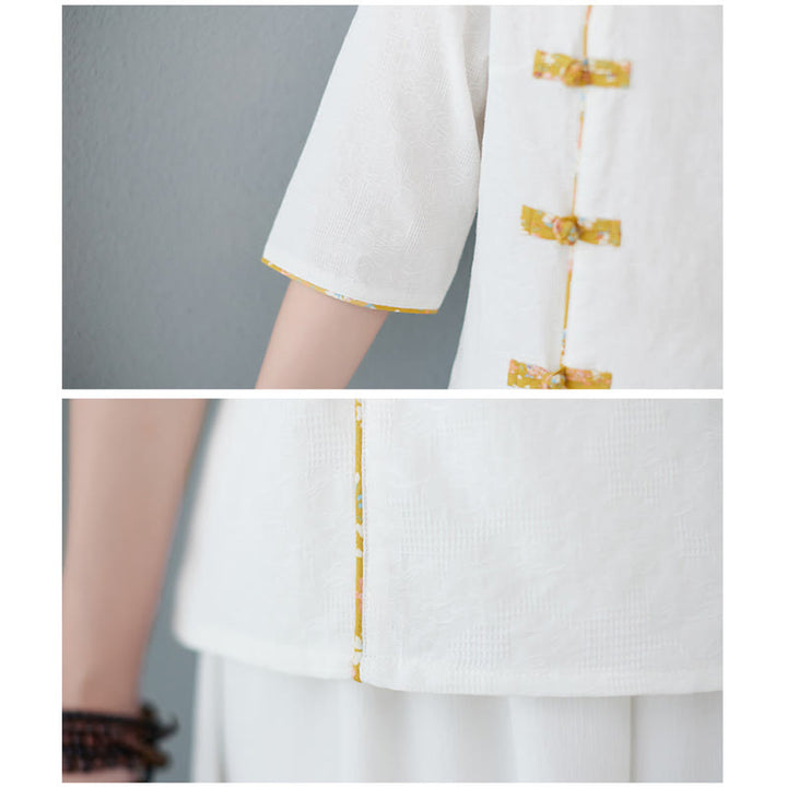 Buddha Stones Floral Pattern Frog-Button Half Sleeve Cotton Linen Shirt - image 5