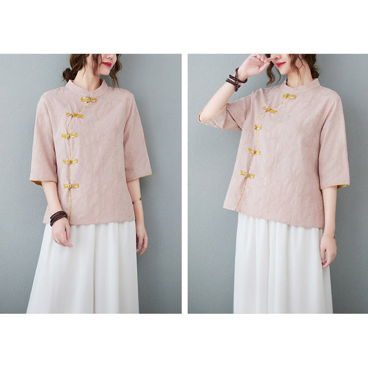 Buddha Stones Floral Pattern Frog-Button Half Sleeve Cotton Linen Shirt - image 1