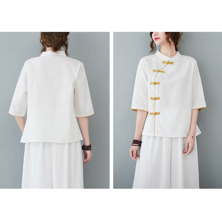 Buddha Stones Floral Pattern Frog-Button Half Sleeve Cotton Linen Shirt - image 6