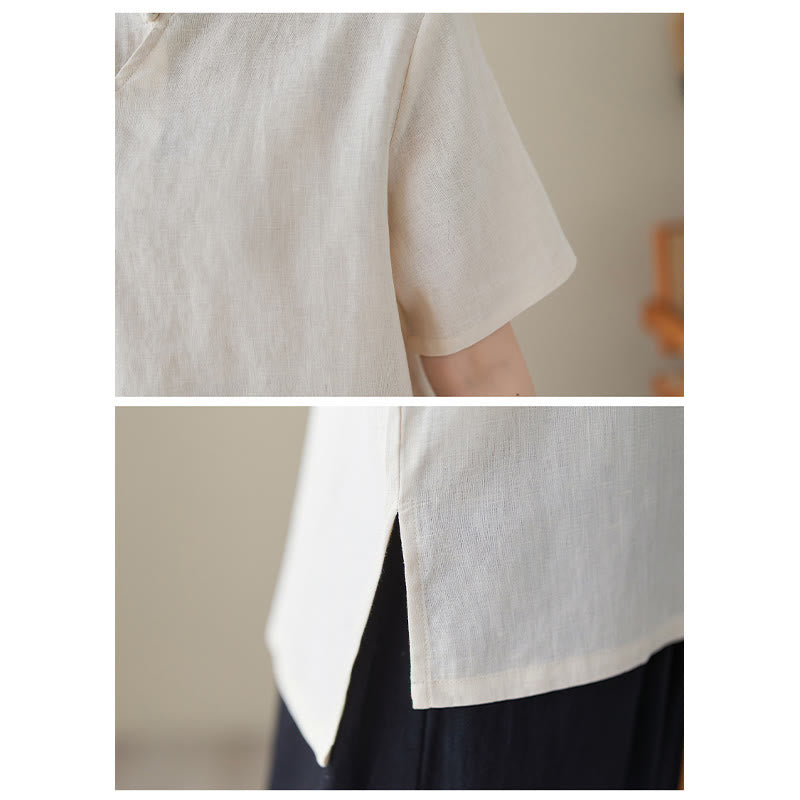 Buddha Stones Solid Color Frog-Button Short Sleeve Cotton Linen Shirt - image 5