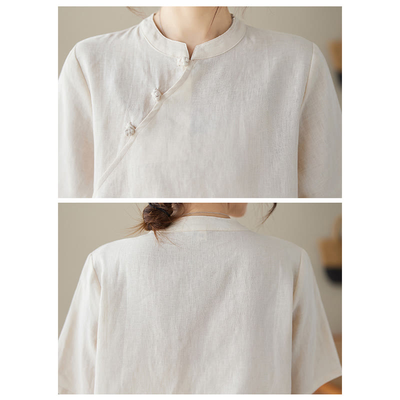 Buddha Stones Solid Color Frog-Button Short Sleeve Cotton Linen Shirt - image 4