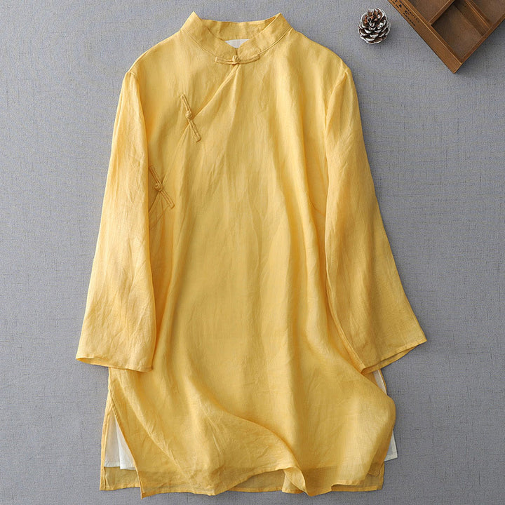 Buddha Stones Solid Color Frog-Button Three Quarter Sleeve Double Layer Cotton Linen Shirt - LemonChiffon - US8-10，UK/AU12-14，EU40-42 (2XL) - image 6