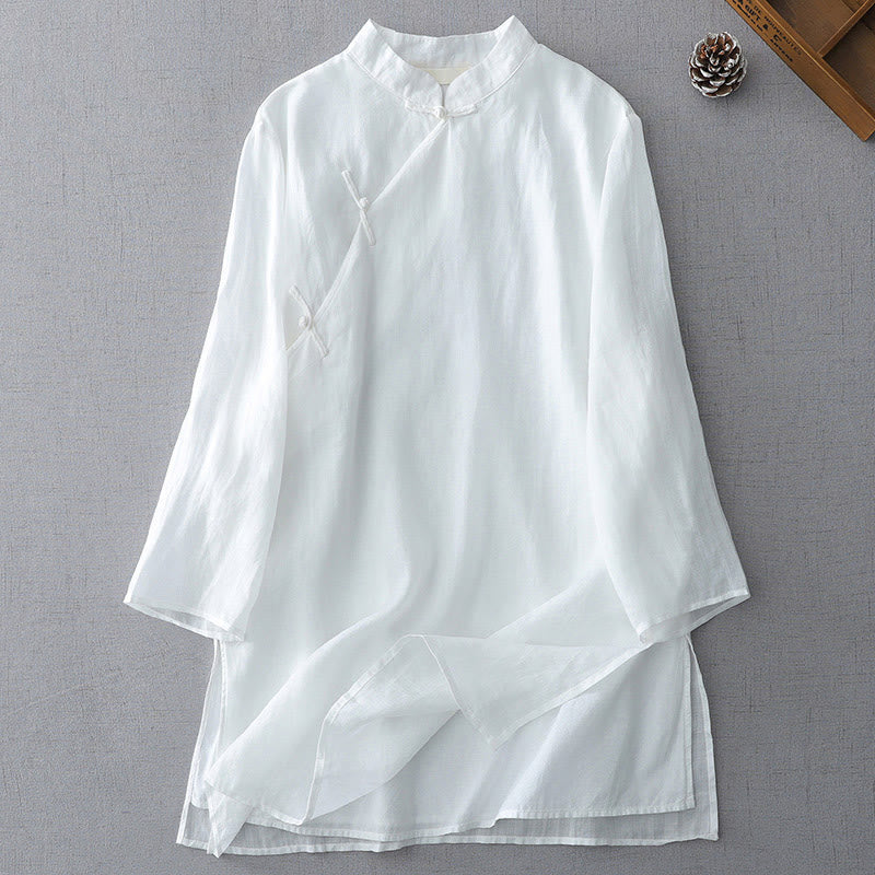 Buddha Stones Solid Color Frog-Button Three Quarter Sleeve Double Layer Cotton Linen Shirt - White - US8-10，UK/AU12-14，EU40-42 (2XL) - image 2