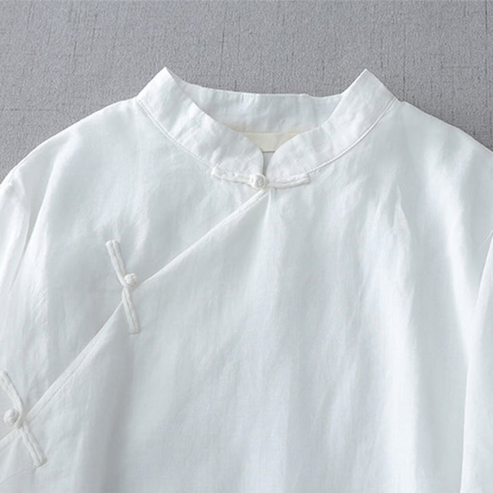 Buddha Stones Solid Color Frog-Button Three Quarter Sleeve Double Layer Cotton Linen Shirt - image 3